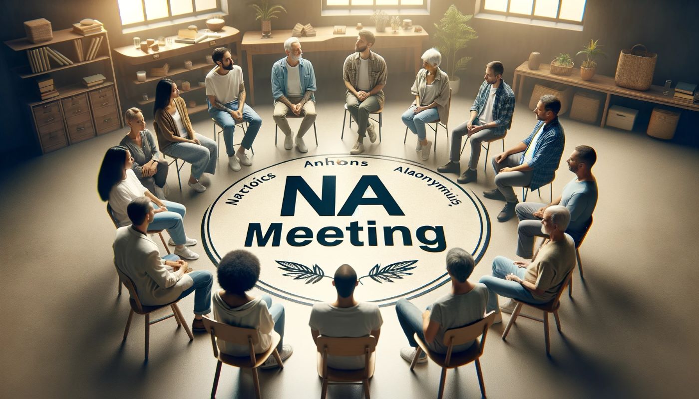 A group of diverse individuals gathered in a supportive and communal setting, symbolizing an NA (Narcotics Anonymous) meeting